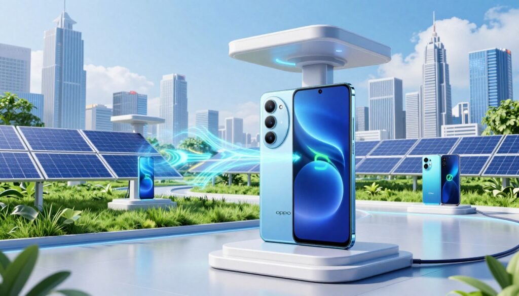 A futuristic smartphone charging station designed for OPPO devices stands prominently in the foreground, showcasing sleek, streamlined silhouettes of several OPPO smartphones with innovative charging ports. The middle layer features dynamic lighting effects highlighting the rapid charging technology, with electric energy sparks subtly illuminating the scene. In the background, a modern city skyline with solar panels and green energy elements suggests an eco-friendly technological advancement. The color palette is vibrant, with blues and greens symbolizing innovation and sustainability. Shot with a wide-angle lens, the image captures depth, making the viewer feel as though they are stepping into a cutting-edge future. The overall atmosphere is optimistic and forward-thinking, evoking excitement about the future of smartphone charging technology. A futuristic smartphone charging station designed for OPPO devices stands prominently in the foreground, showcasing sleek, streamlined silhouettes of several OPPO smartphones with innovative charging ports. The middle layer features dynamic lighting effects highlighting the rapid charging technology, with electric energy sparks subtly illuminating the scene. In the background, a modern city skyline with solar panels and green energy elements suggests an eco-friendly technological advancement. The color palette is vibrant, with blues and greens symbolizing innovation and sustainability. Shot with a wide-angle lens, the image captures depth, making the viewer feel as though they are stepping into a cutting-edge future. The overall atmosphere is optimistic and forward-thinking, evoking excitement about the future of smartphone charging technology.