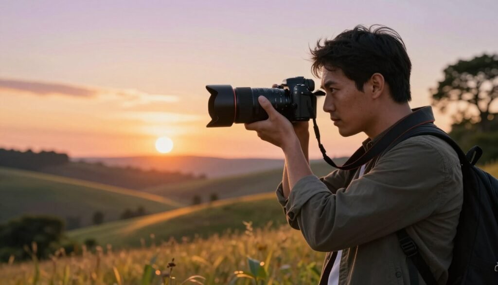 A professional photographer is standing outdoors with a Samsung Galaxy F55 camera, carefully framing a vibrant sunset scene. In the foreground, the camera is positioned with a close-up focus on its sleek design, showcasing its lens and buttons in detail. The middle ground reveals a picturesque landscape, featuring rolling hills bathed in warm golden light, while the background is dotted with distant trees silhouetted against the colorful sky. The lighting is soft and atmospheric, enhancing the warmth of the scene. The photographer, dressed in smart casual attire, appears engaged and thoughtful as they focus on capturing the moment. The overall mood conveys a sense of creativity and passion for photography, highlighting the camera's capabilities in a beautiful natural setting.