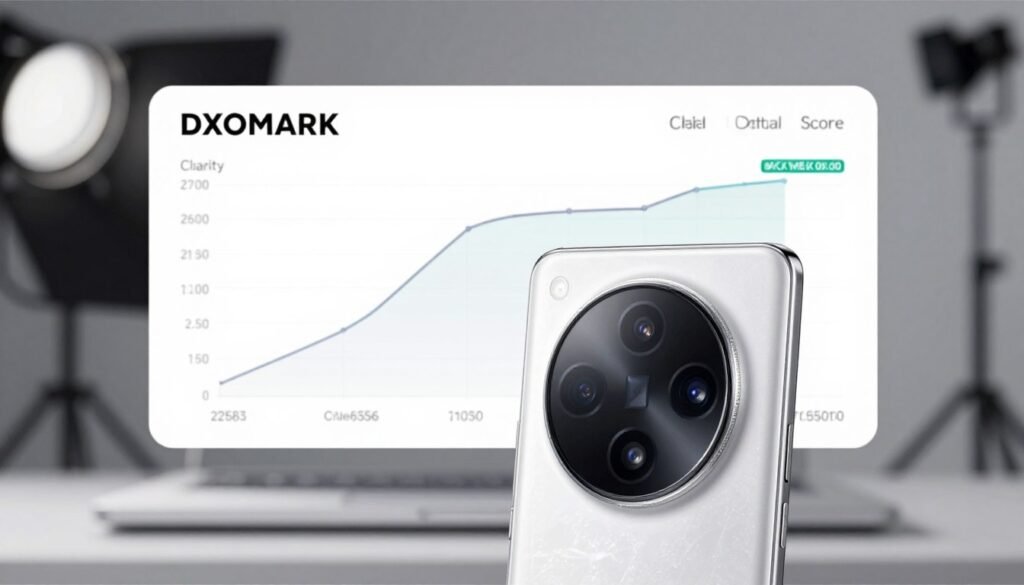 A sleek, modern smartphone prominently displayed in the foreground, showcasing its advanced camera system with a periscope lens. The phone is positioned at an angle that highlights its elegant design and finish. In the middle ground, a technical analysis graphic visually represents the DXOMARK score, featuring metrics like clarity, detail, and color accuracy, with subtle graphical elements illustrating image quality results. The background is a soft-focus, giving the impression of a photography studio with diffused lighting that creates a professional atmosphere. The overall mood is informative and sophisticated, with a blend of technology and artistry inviting the viewer to appreciate the innovation of the OPPO Find X8 Pro.